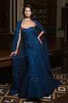 Shop_Mishru_Blue Organza, Tulle Embroidery, Sequins Bandeau Neck, Cheryl Gown With Cape _at_Aza_Fashions
