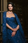 Mishru_Blue Organza, Tulle Embroidery, Sequins Bandeau Neck, Cheryl Gown With Cape _Online_at_Aza_Fashions