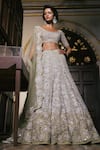 Buy_Mishru_Green Tulle Embroidery, Sequins Boat Neck Meira Lehenga Set _at_Aza_Fashions