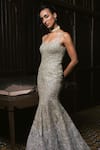 Mishru_Green Organza Embroidery Square Neck Claire Gown _Online_at_Aza_Fashions