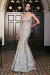 Buy_Mishru_Green Organza Embroidery Square Neck Claire Gown _at_Aza_Fashions