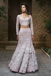 Buy_Mishru_Pink Tulle Embroidery, Sequins, Fabric Flowers Sweetheart Neck Isla Lehenga Set _Online_at_Aza_Fashions