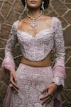 Mishru_Pink Tulle Embroidery, Sequins, Fabric Flowers Sweetheart Neck Isla Lehenga Set _at_Aza_Fashions