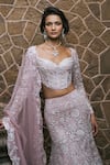Buy_Mishru_Pink Tulle Embroidery, Sequins, Fabric Flowers Sweetheart Neck Isla Lehenga Set 