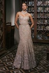 Buy_Mishru_Gold Tulle Embroidery, Sequins, Zari Sweetheart Neck Cindie Gown _at_Aza_Fashions