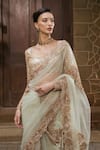 Buy_Mishru_Mint Tulle Embroidery, Zari, Sequins Round Neck Odette Saree And Blouse Set _Online_at_Aza_Fashions