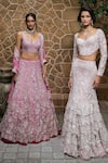 Shop_Mishru_Pink Tulle Embroidery, Sequins Sweetheart Neck Elara Lehenga Set _at_Aza_Fashions