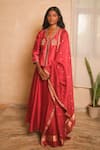 Buy_Myoho_Red Dupion, Silk, Chanderi Embroidery, Zari V-neck Floral Kurta Set _at_Aza_Fashions