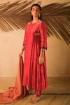 Shop_Myoho_Red Dupion, Silk, Chanderi Embroidery, Mirrors Keyhole Neck Kurta With Pant _at_Aza_Fashions
