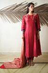 Buy_Myoho_Red Dupion, Silk, Chanderi Embroidery, Mirrors Keyhole Neck Kurta With Pant _at_Aza_Fashions