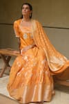 Shop_Myoho_Orange Dupion, Brocade, Silk, Tissue Embroidery, Zari Square Pattern Lehenga Set _Online_at_Aza_Fashions