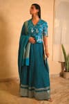 Buy_Myoho_Turquoise Brocade, Chanderi, Tissue Embroidery, Zari V-neck Blouse And Lehenga Set _at_Aza_Fashions