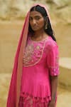 Shop_Myoho_Fuchsia Chanderi, Brocade Embroidery, Zari Round Neck Pattern Lehenga Set _Online_at_Aza_Fashions