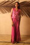 Buy_Myoho_Pink Brocade, Chanderi, Tissue Embroidery V-neck Pattern Waistcoat With Pant _at_Aza_Fashions