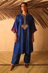 Buy_Myoho_Navy Dupion, Silk, Chanderi Embroidery Split V-neck Floral Kurta With Pant _at_Aza_Fashions