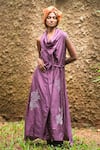 Buy_Myoho_Purple Silk Beads, Embroidery Cowl Neck Rose Dress _at_Aza_Fashions