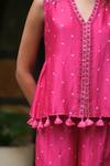 Shop_Myoho_Pink Silk Embroidery, Mirrors, Tassels V-neck Hand Top With Pant _Online_at_Aza_Fashions