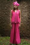 Buy_Myoho_Pink Silk Embroidery, Mirrors, Tassels V-neck Hand Top With Pant _at_Aza_Fashions