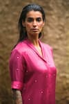Myoho_Pink Satin Embroidery Collared Hand Kurta _Online_at_Aza_Fashions