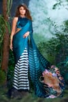 Shop_Aza X Shilpa Shetty Kundra_Green Modal, Satin, Silk, N Printed Saree With Sheer Back Blouse _at_Aza_Fashions