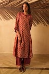 Buy_Myoho_Maroon Cotton Embroidery, Mirrors Round Neck Ajrakh Print Kurta With Pant _at_Aza_Fashions
