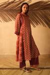 Buy_Myoho_Maroon Cotton Embroidery, Mirrors Round Neck Ajrakh Print Kurta With Pant _Online_at_Aza_Fashions