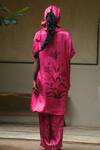 Shop_Myoho_Pink Satin Cowl Neck Plant Print Long Top With Pant _at_Aza_Fashions