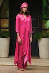 Buy_Myoho_Pink Satin Embroidery, Metallic Thread V-neck Tonal Print Kurta With Pant _at_Aza_Fashions
