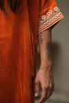 Myoho_Rust Satin Embroidery Split V-neck Placement Kurta With Pant _Online_at_Aza_Fashions