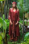 Buy_Myoho_Maroon Satin Embroidery Open Neck, Jacket And Skirt Set _at_Aza_Fashions