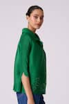 Scarlet Sage_Green Polyester Cut Work, Beads Collared Edith Cutwork Shirt _at_Aza_Fashions