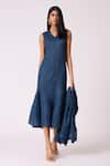 Buy_Scarlet Sage_Blue Polyester V-neck Tulip Overlay Dress With Blazer 