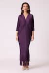 Scarlet Sage_Wine Satin, Polyester Fringe V-neck Blake Maxi Dress _Online_at_Aza_Fashions
