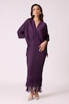 Buy_Scarlet Sage_Wine Satin, Polyester Fringe V-neck Blake Maxi Dress _at_Aza_Fashions