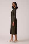 Scarlet Sage_Olive Green Polyester V-neck Emerson Dress With Belt _Online_at_Aza_Fashions