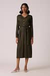 Buy_Scarlet Sage_Olive Green Polyester V-neck Emerson Dress With Belt _Online_at_Aza_Fashions