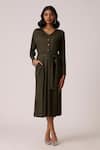 Buy_Scarlet Sage_Olive Green Polyester V-neck Emerson Dress With Belt _at_Aza_Fashions