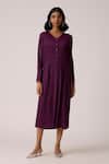 Scarlet Sage_Wine Polyester V-neck Emerson Dress With Belt _Online_at_Aza_Fashions