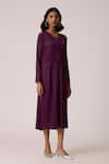 Buy_Scarlet Sage_Wine Polyester V-neck Emerson Dress With Belt _Online_at_Aza_Fashions