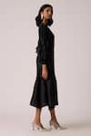 Scarlet Sage_Black Polyester Ruffles V-neck Florelle Dress With Belt _Online_at_Aza_Fashions