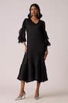 Buy_Scarlet Sage_Black Polyester Ruffles V-neck Florelle Dress With Belt _at_Aza_Fashions