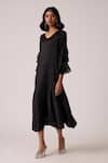 Buy_Scarlet Sage_Black Polyester Ruffles V-neck Florelle Dress With Belt _Online_at_Aza_Fashions
