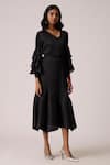 Shop_Scarlet Sage_Black Polyester Ruffles V-neck Florelle Dress With Belt _Online_at_Aza_Fashions