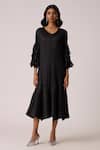 Scarlet Sage_Black Polyester Ruffles V-neck Florelle Dress With Belt _at_Aza_Fashions