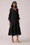 Buy_Scarlet Sage_Black Polyester Ruffles V-neck Florelle Dress With Belt 