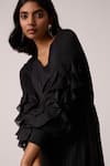 Shop_Scarlet Sage_Black Polyester Ruffles V-neck Florelle Dress With Belt 