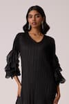 Buy_Scarlet Sage_Black Polyester Ruffles V-neck Florelle Dress With Belt _Online