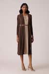 Scarlet Sage_Taupe Polyester V-neck Nylah Dress With Belt _at_Aza_Fashions