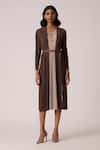 Buy_Scarlet Sage_Taupe Polyester V-neck Nylah Dress With Belt _at_Aza_Fashions