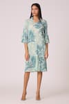 Scarlet Sage_Green Polyester V-neck Print Dress _at_Aza_Fashions